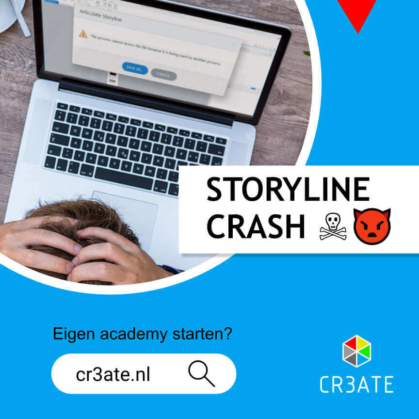 Een geopende Articulate Storyline 360 projectmap met een waarschuwingspictogram dat aangeeft dat de C-schijf bijna vol is.